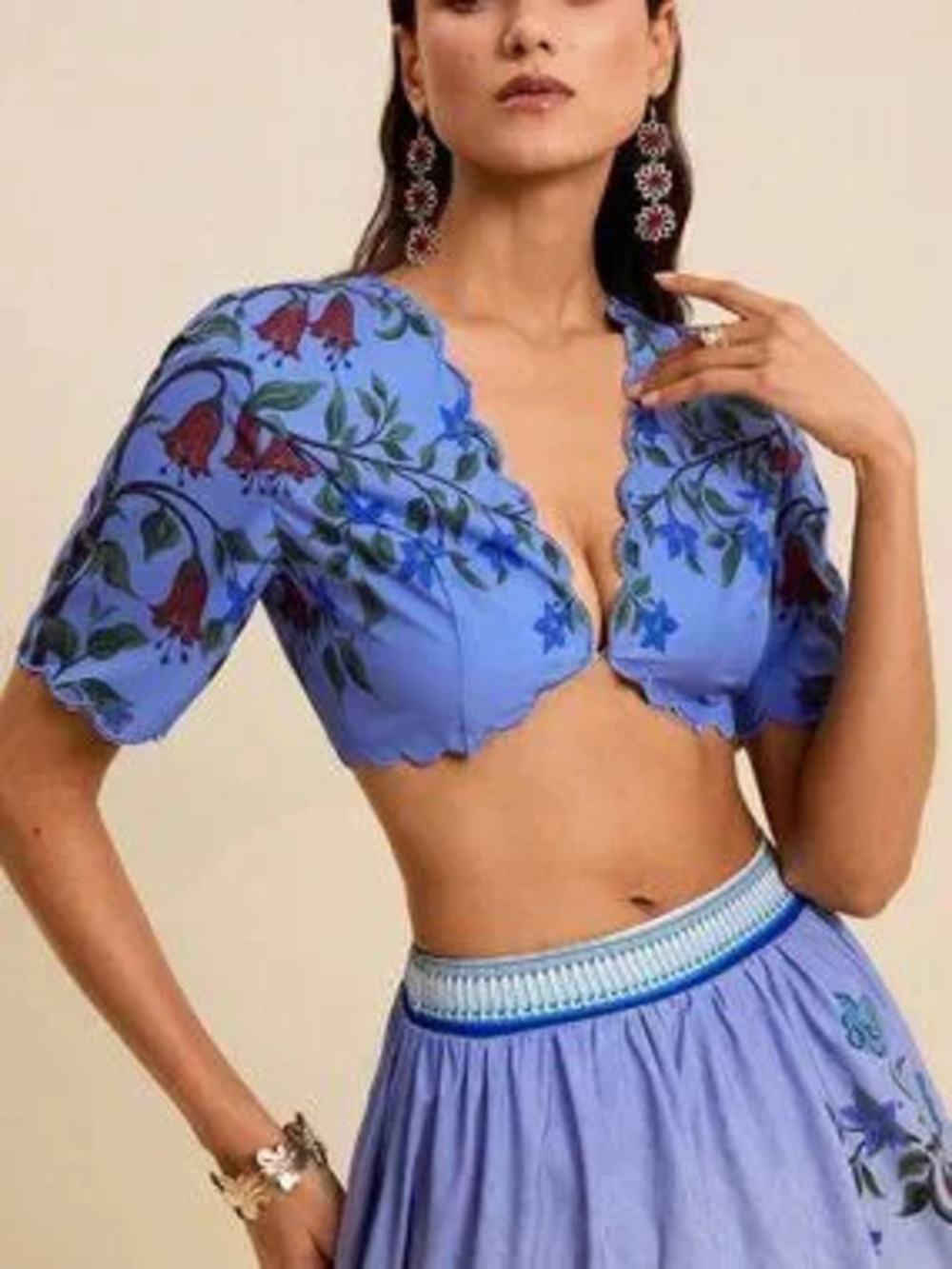 ZARA Boho Women's Short V-Neck Ruffle Trim Embroidered Floral Print Blouse